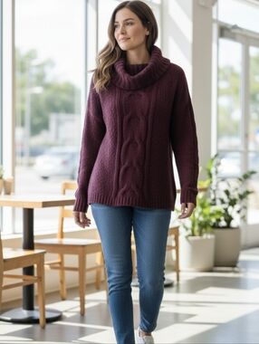 Seven7 Cable Knit Cowl Neck Sweater – Size Large – Blackberry Wine